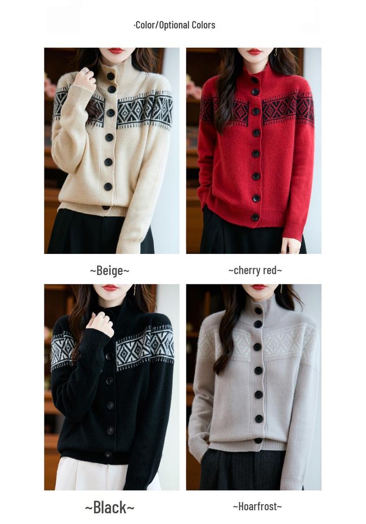 French Style Wool Fair Isle Jacquard Cardigan for Women - 2025 Collection