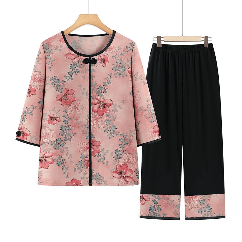 Da Tang Fu Ren Women s Hibiscus Print Summer Set 2XL