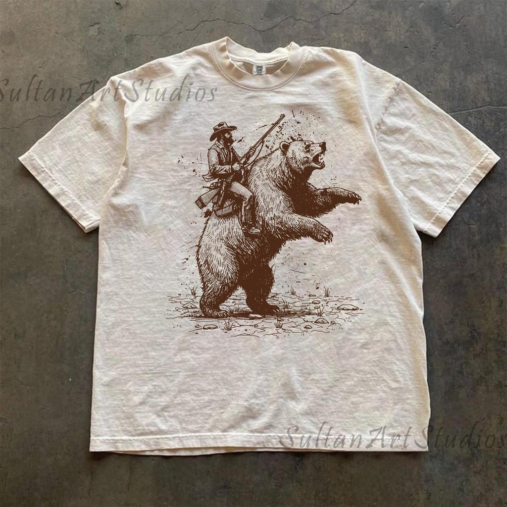 Retro Holzfäller Cowboy auf einem Bären reitend 90er Jahre Shirt, Vintage Wander T-Shirt