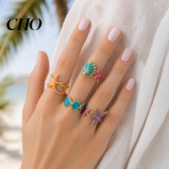 Stacking Rings 4Pcs/Set Ocean Series Ring Set, Multiple Styles Starfish Shell Design Non-fading Golden Finger Ring, Alloy Adjustable for Jewelry Gift