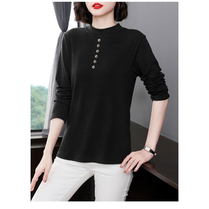 Women Vintage Long Sleeve Fleece Thermal Solid Pullover Base Top For Middle Aged Mothers
