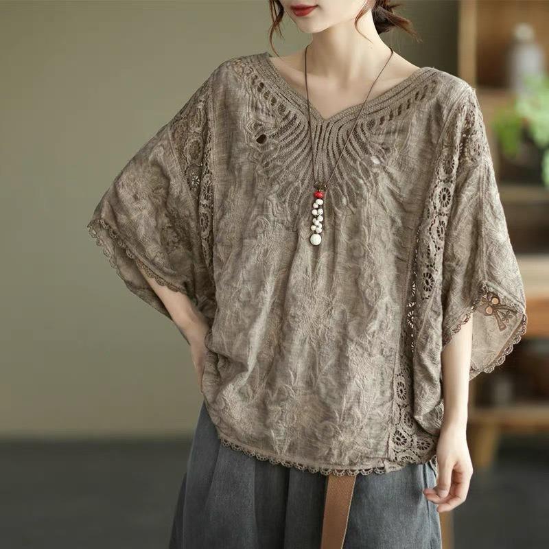 Damen Neu Stickerei Oberbekleidung Schal Sonnenschutz Bluse Damen Ausgeschnitten Spitze Oberteil Locker Lässig Einfaches Hemd Süß V-Ausschnitt Elegante Kleidung
