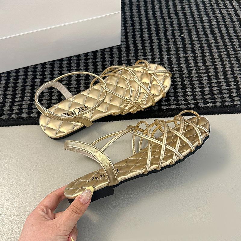 Fashion Woven Thin Strap Gold Flat Roman Sandals Women's Summer 2025 New