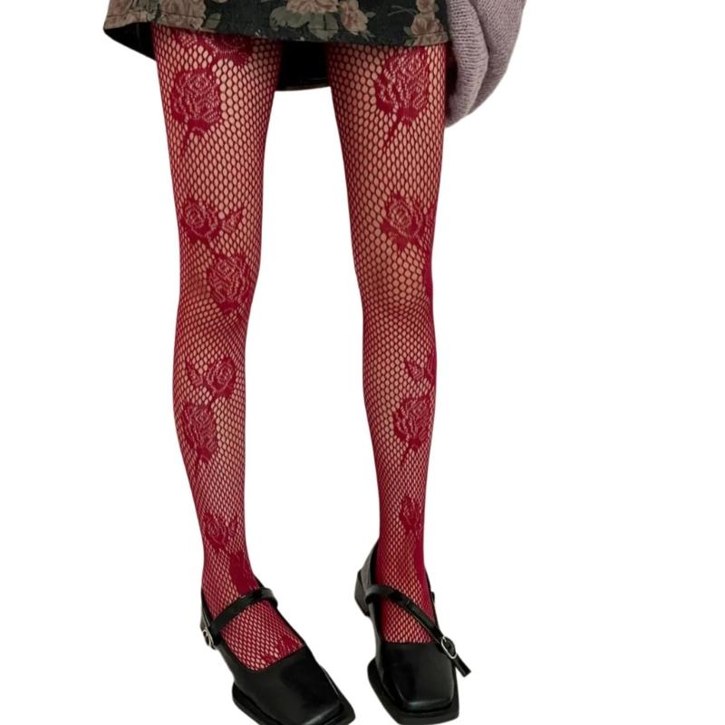 Women Aesthetic Flower Mesh Pantyhose Hosiery Vintage Peony Patterned Hollowed Out Fishnet Tights Stockings for Parties