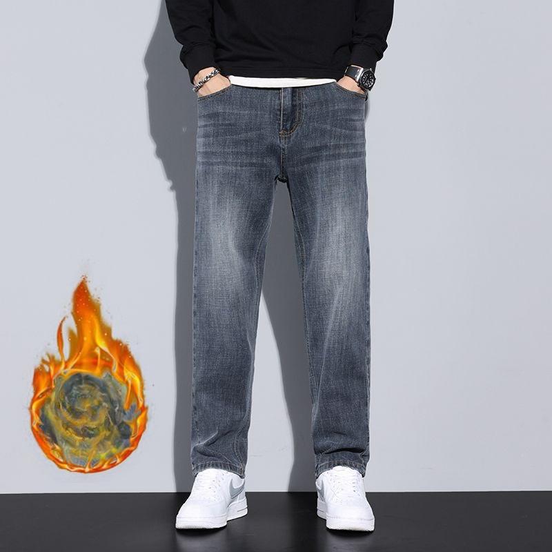 Mens High Street Jeans Fashion Straight Leg Warm Autumn Winter Men Classic Casual Plush Jeans Male Srtetch Baggy Denim Trousers Daily Wear