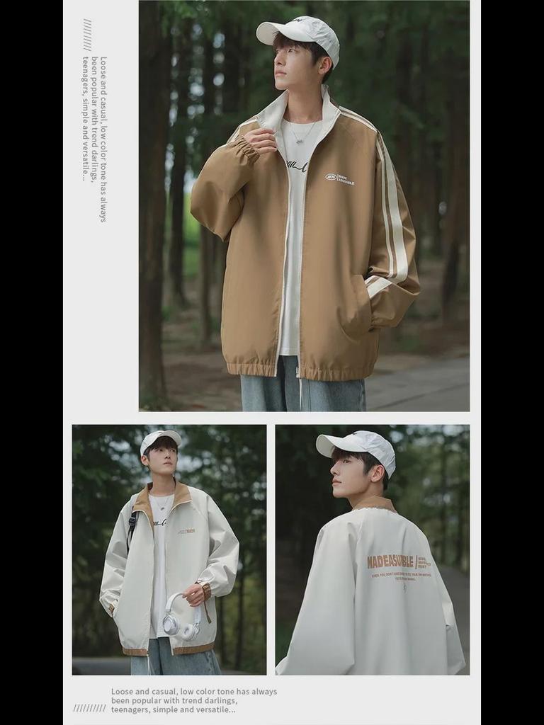 Hong Kong Style Men's Striped Two-Sided Stand-Up Collar Jacket - Casual Loose Fit for Spring and Autumn