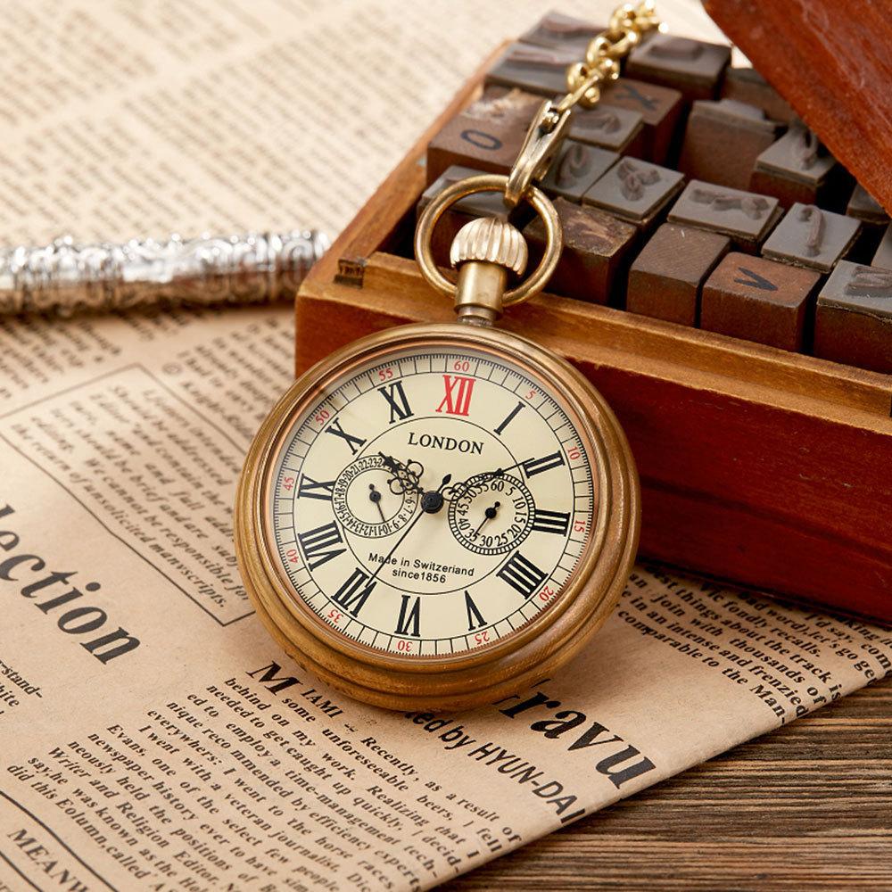 Brass Uncovered Roma Five-Pin Manual Mechanical Large Pocket Watch