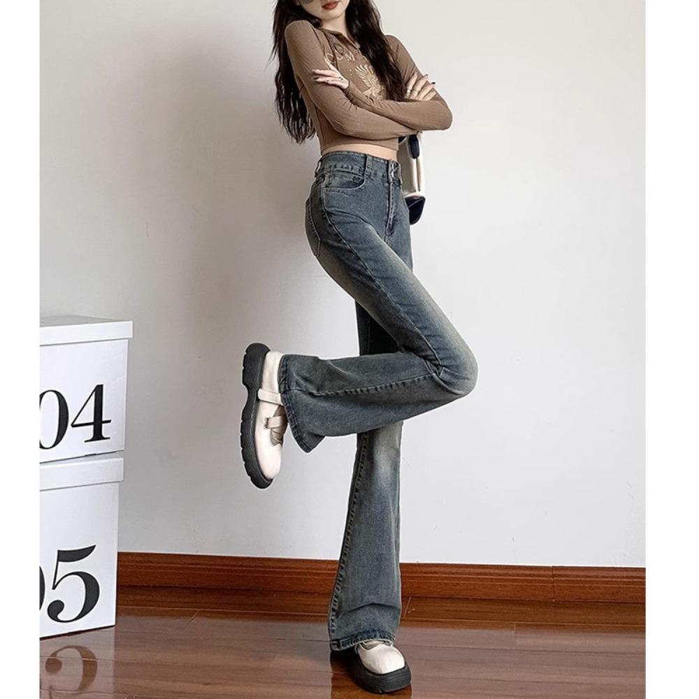 Harajuku Simple High-waisted Micro-pull Jeans Women's Spring and Autumn New Double-buckle Micro-horn Jeans