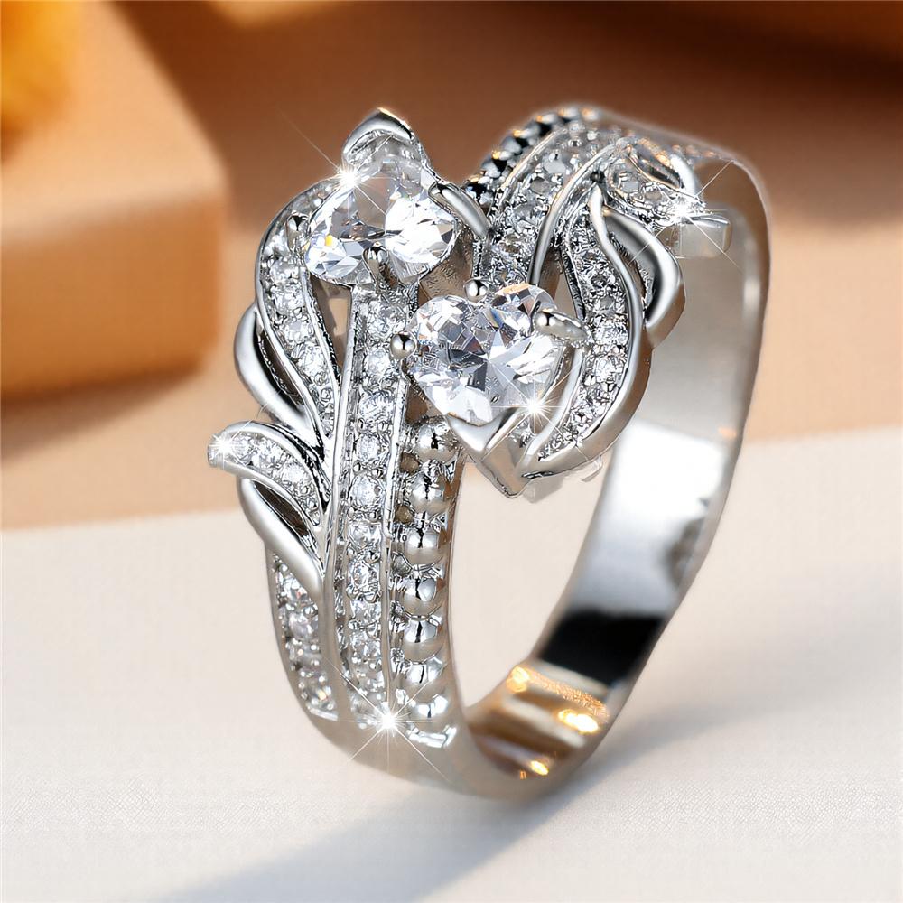 Cute Female White Zircon Love Heart Stone Silver Color Wedding Jewelry Promise Engagement Rings For Women