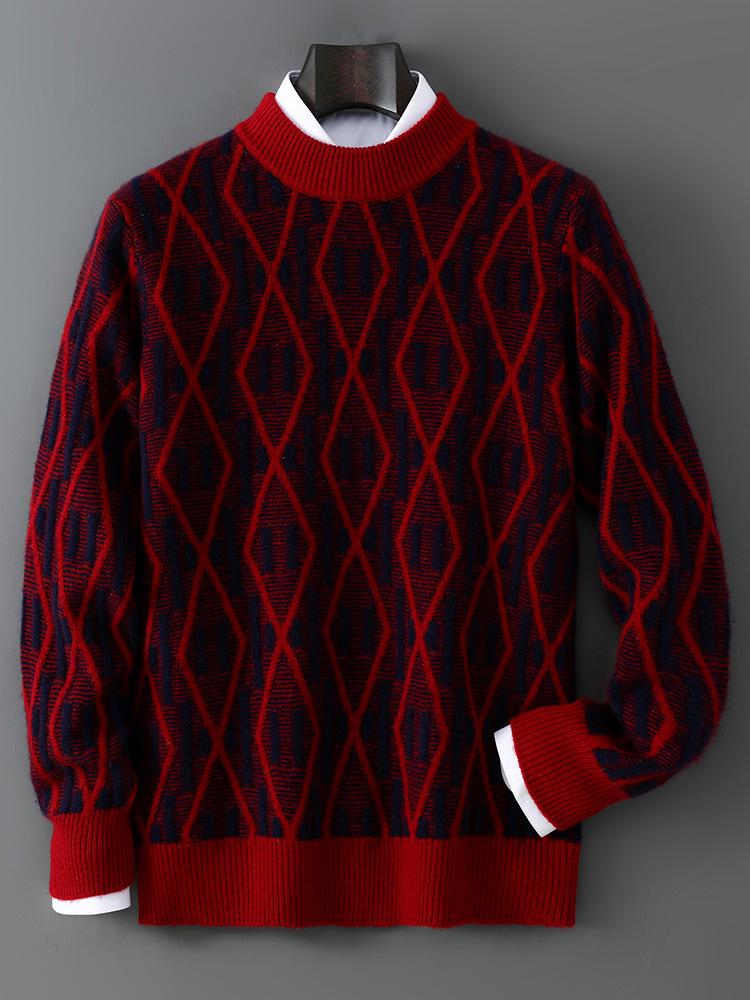 2025 Men’s Autumn/Winter Loose Fit Wool Sweater - Round Neck, Color Block, Plus Size Jacquard Pullover