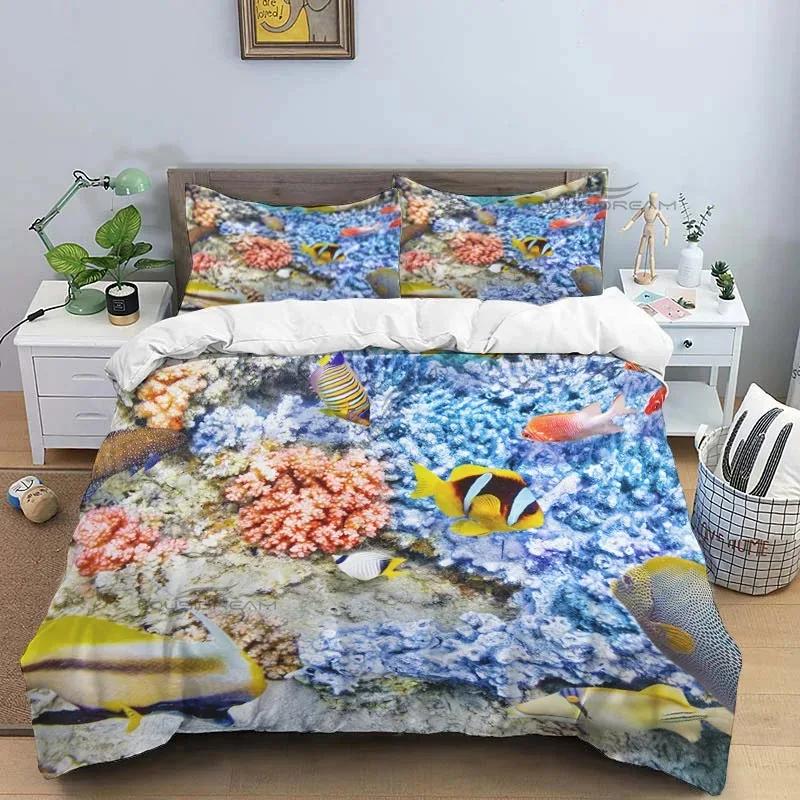 Ocean World Marine Life Art Pattern Comforter Bedding Set,Duvet Cover Bed Set Quilt Cover Pillowcase,King Queen Size Bedding Set