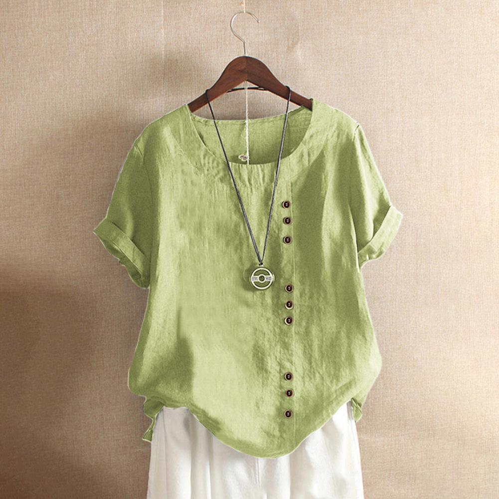 Short-sleeve Button-up Blouse Stylish Women's Summer Tops with Round Neck Button Detail Loose Fit T-shirt In for Casual for A