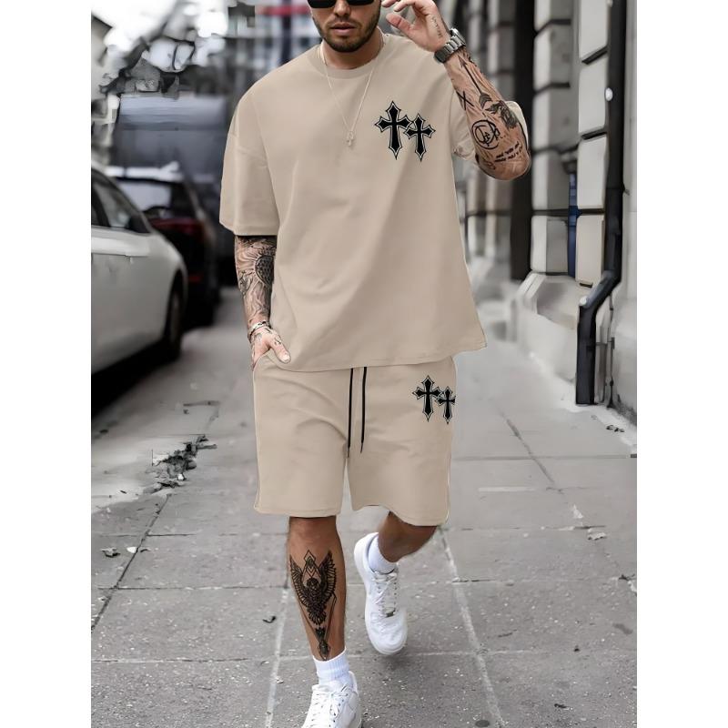 

Summer men s T-shirt cartoon printed pattern breathable lightweight polyester men s T-shirt short sleeved shorts set 6XL