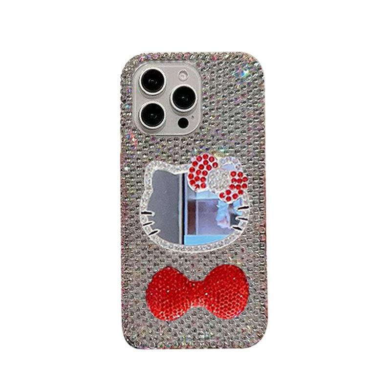 Rhinestone Kt Cat Mirror Premium Sense Mobile Phone Case for Iphone16Promax Bow Tie Apple 17 Lanyard Women's Model