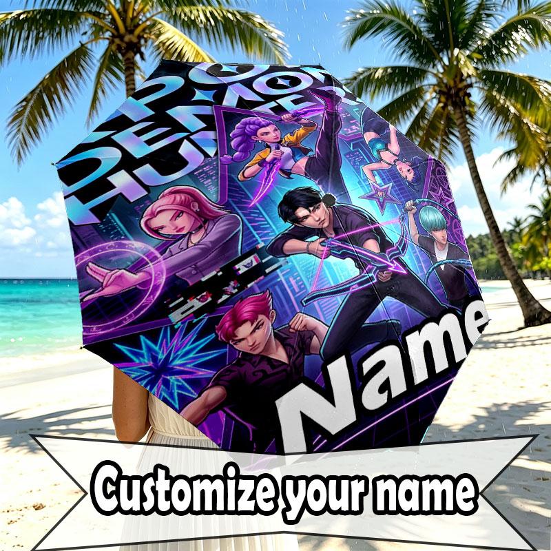 Custom Name Personalized Kpop Demon Hunter Print Umbrella, Auto Open Close, 8‑Rib Sturdy Frame, Commute Camping Hiking Use, Birthday Gift