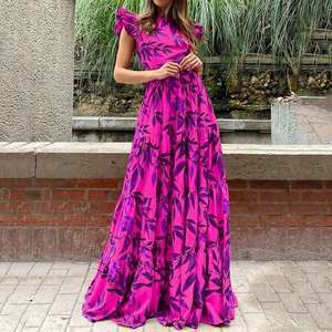 

Spring new women s clothing, European and American dresses, printed flying sleeves, ruffle edge big swing dress 3XL