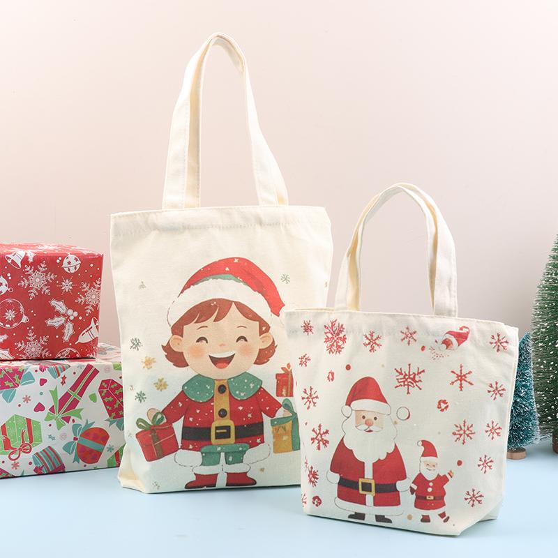 Christmas Gift Bags Cartoon Santa Claus Elk Christmas Tree Tote Canvas Bag Large Capacity Holiday Shopping Bag Happy New Year