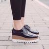 2025 Spring Women's Patent Leather Platform Wedge Shoes - Lace-up, Height-Increasing, British Style