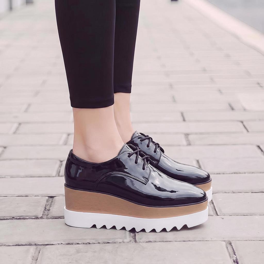 2025 Spring Women's Patent Leather Platform Wedge Shoes - Lace-up, Height-Increasing, British Style