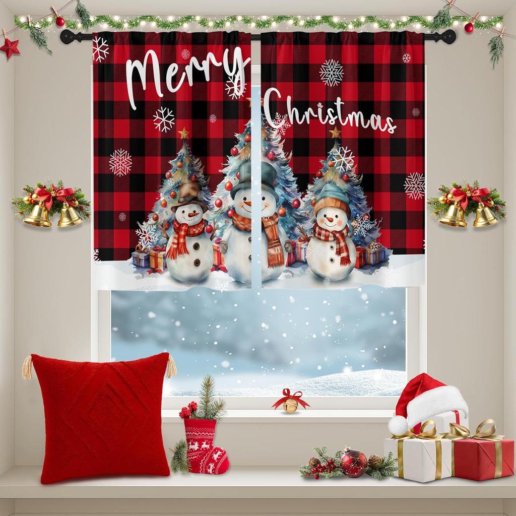 Snowman Christmas Kitchen Curtains Set of,Red Plaid Short Window Treatment Tier Curtains for Kitchen Over Sink Dining Room Decor