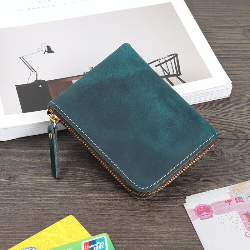 Handmade Crazy Horse Leather Wallet Retro Small Coin Money Bags Simple Wallets Zipper Pouch Card Holdes