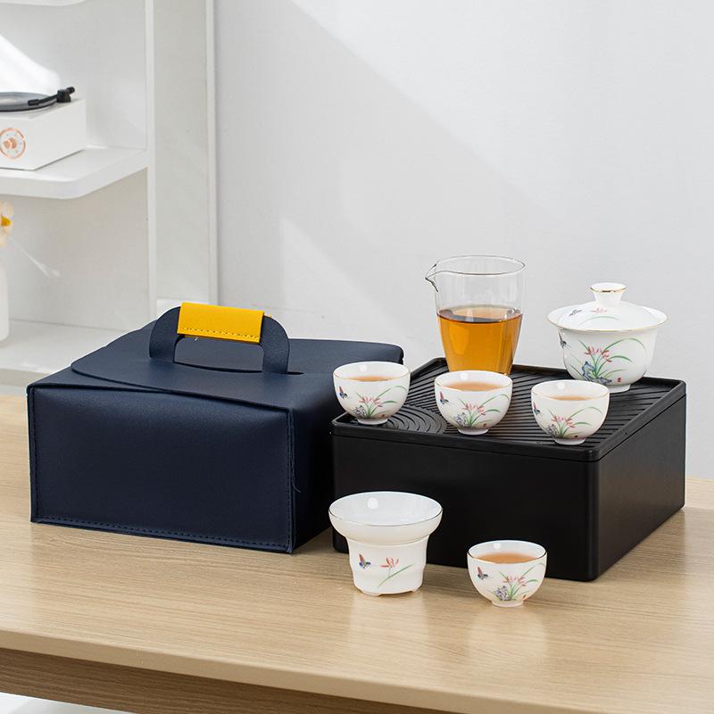 Ceramic mutton fat jade travel tea set set, commercial bank company event Mid-Autumn Festival gift, high-white clay ceramics