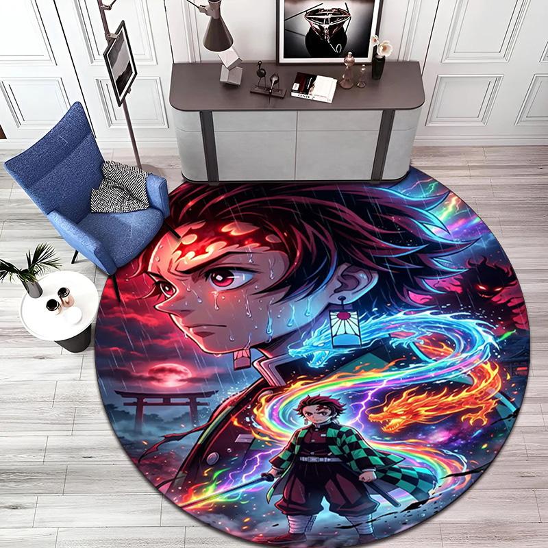 Classic Japanese-style Cartoon Demon Slayer Round Rug, Home Soft Decorative Anti-slip Yoga Mat and Chair Mat, Outdoor Floor Mat Carpet K27