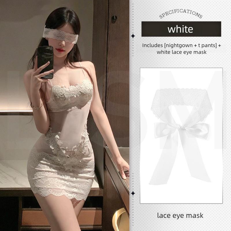 Women's White Sheer Lace Lingerie Dress Spaghetti Strap Bodycon Dress Floral Femme Elegant Desire