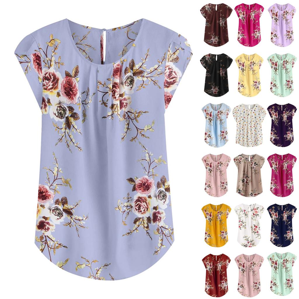 Women's Fashion Color Printing Short-sleeved Button Round Neck Casual Tops