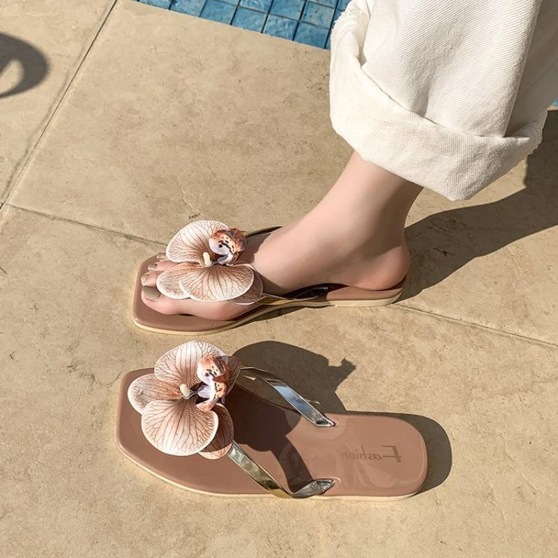 

Summer New Butterfly Orchid Floral Flat Bottom Sandals Women s Holiday Casual Slippers Beach Shoes Comfortable Slides 36