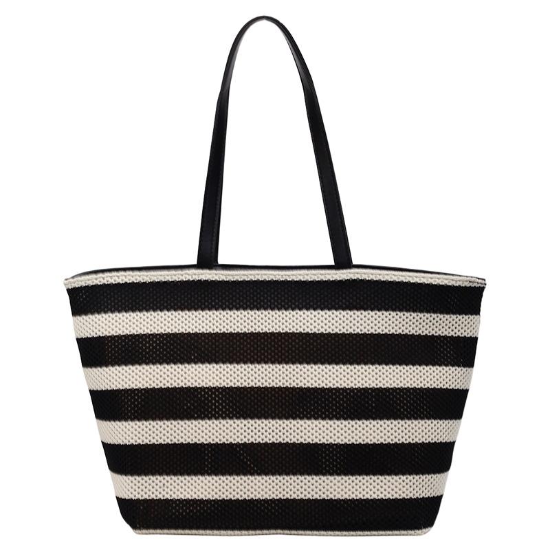 2025 Korean Version of Large-capacity Tote Bag Contrasting Color Striped Bucket Bag Summer New Hollow Lazy Wind Woven Bag