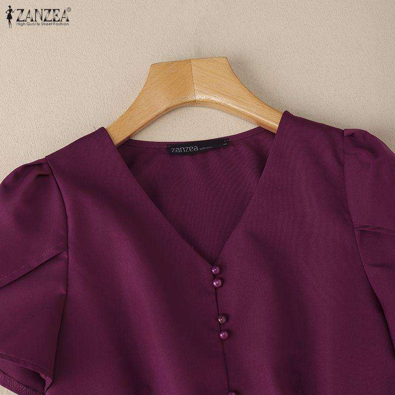 ZANZEA Women Casual V-Neck Solid Color Short Sleeve Blouse