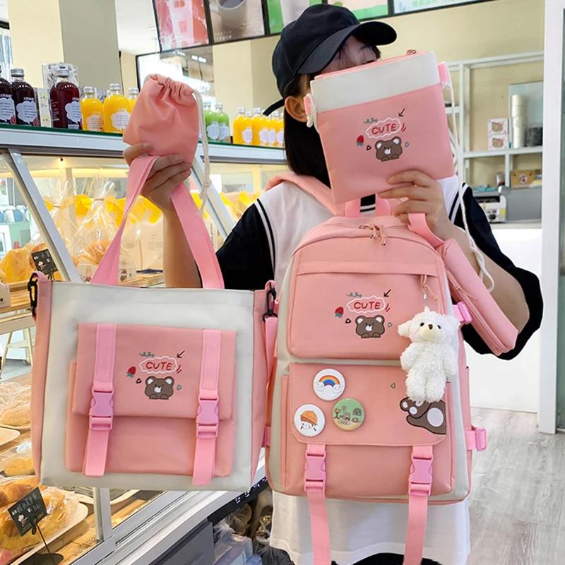 5 Stück/Set Niedliche Schultaschen für Mädchen Rucksack Kinder Doppelschultertasche Oxford-Stoff Handtasche Münzbörse Federmäppchen Umhängetasche