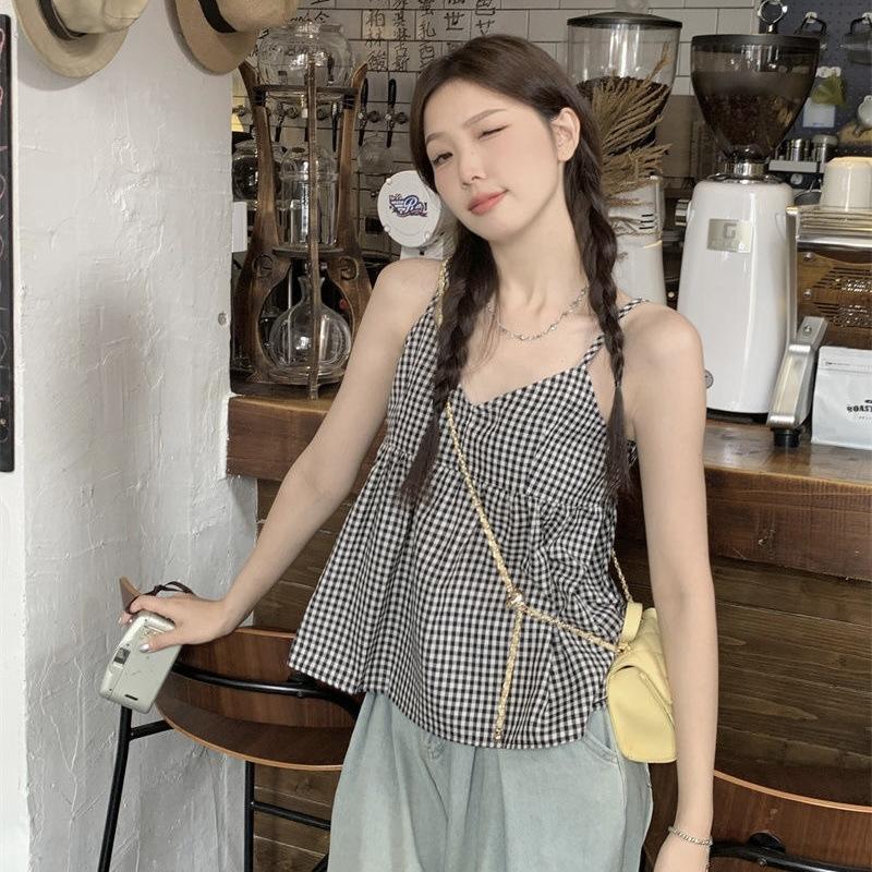 French chic small vest suspender women's summer new small wear design sense retro plaid versatile top