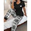 Retro Color Block Plaid Pajama Set: Women's Short Sleeve Round Neck Top & Long Pants, Comfortable Spring/Summer Home Wear