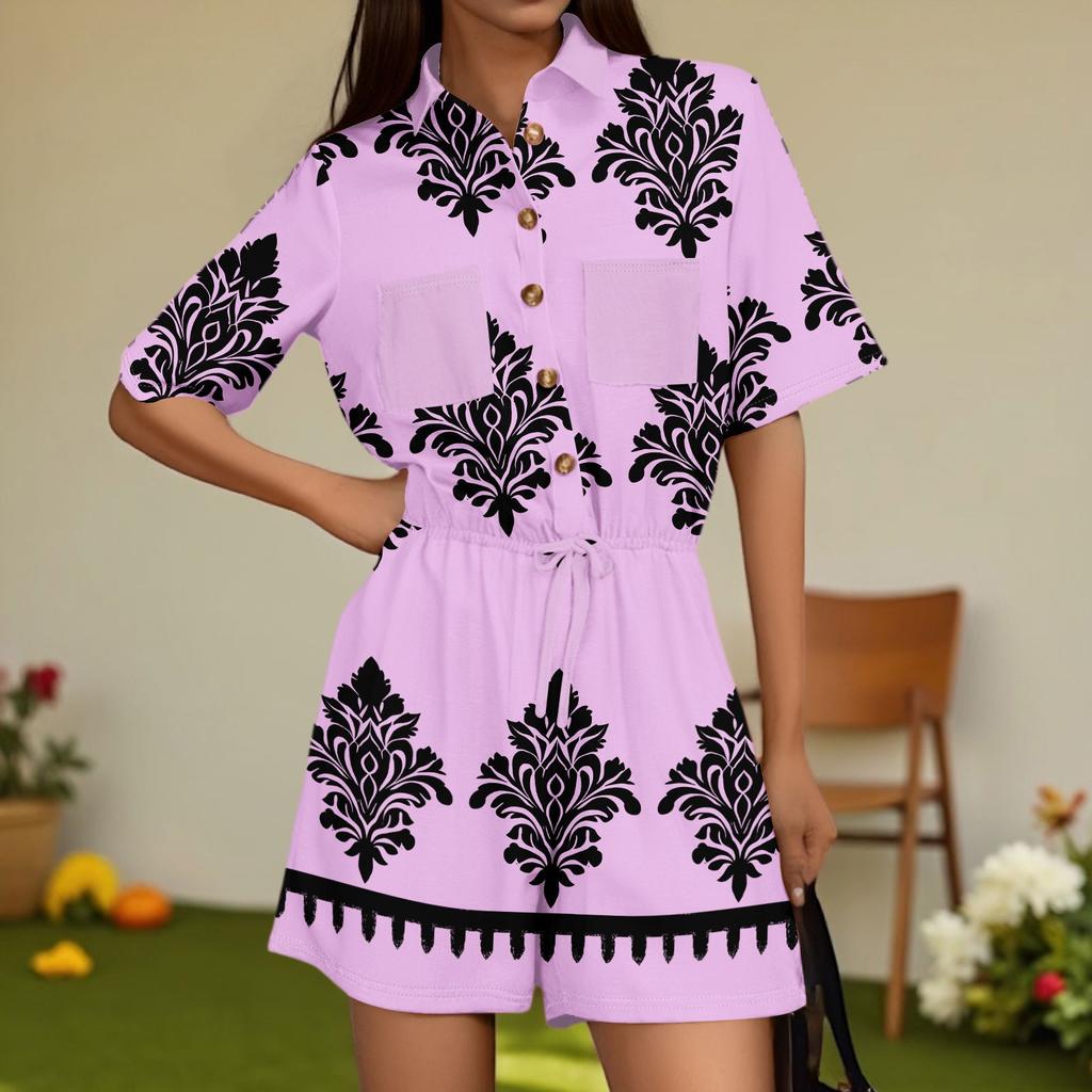 Women's Fashion V-neck Jumpsuit Plaid Casual Short Sleeve Top Jumpsuit
