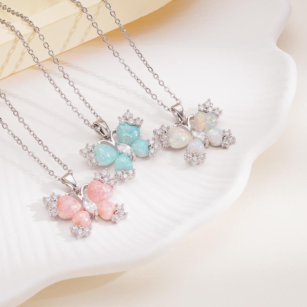 Colorful Resin Heart Zircon Butterfly Pendant Necklace for Women Girls Stainless Steel Chain Sweet Cute Collar Jewelry Gifts