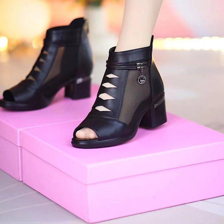 2025 Summer Boots Women Mesh Female Boots Fashion Thick Heels Mom Shoes Breathable Fish Mouth Shoes Back Zip Women Ankle Boots
