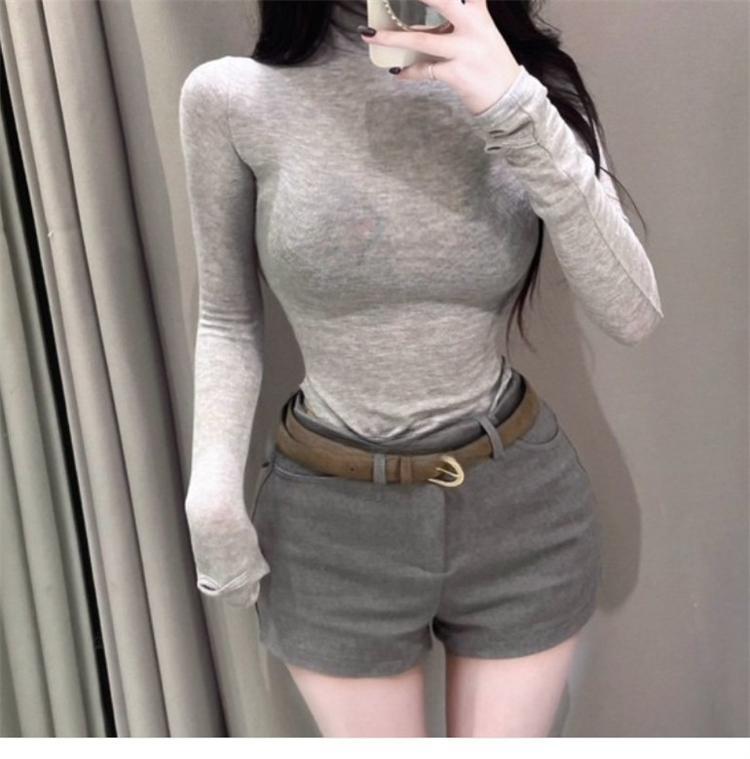 Elegant Slim Fit See-Through High Neck Long Sleeve T-Shirt