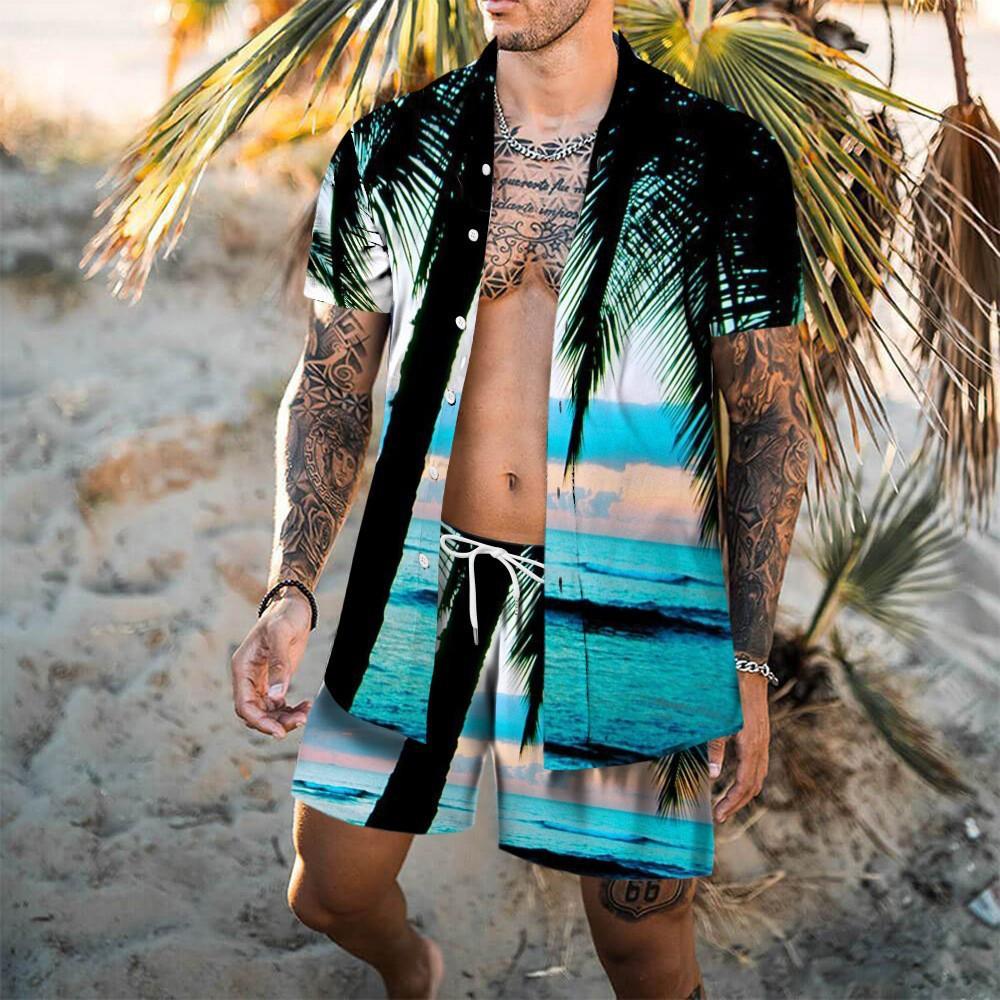 Beach Print Hawaiian Set Men's Shorts 3D Print Loose Casual Short Sleeved Beach Shirt Holiday Fashion Two-piece Set