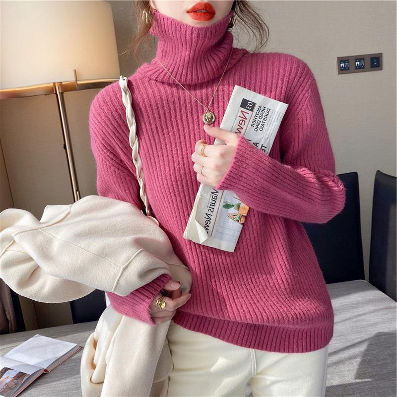 

водолазка женский осенне-зимний костюм со свободным вязаным свитером внутри, розовая базовая рубашка, новый зимний топ. One Size