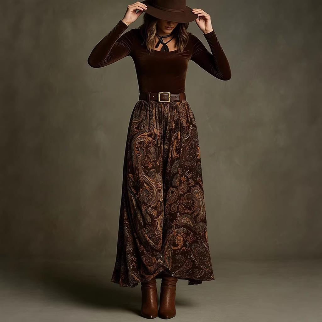 European and American spring and autumn new slim-fit top temperament big pendulum retro printed dress set with belt