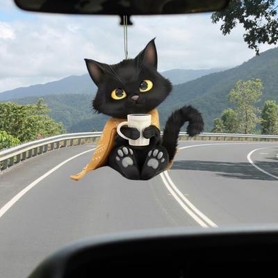Ακρυλικό Μενταγιόν Γάτα με Κορδόνι Μικρή Μαύρη Γάτα Μενταγιόν Αυτοκινήτου Πολυλειτουργικό Αυτοκίνητο