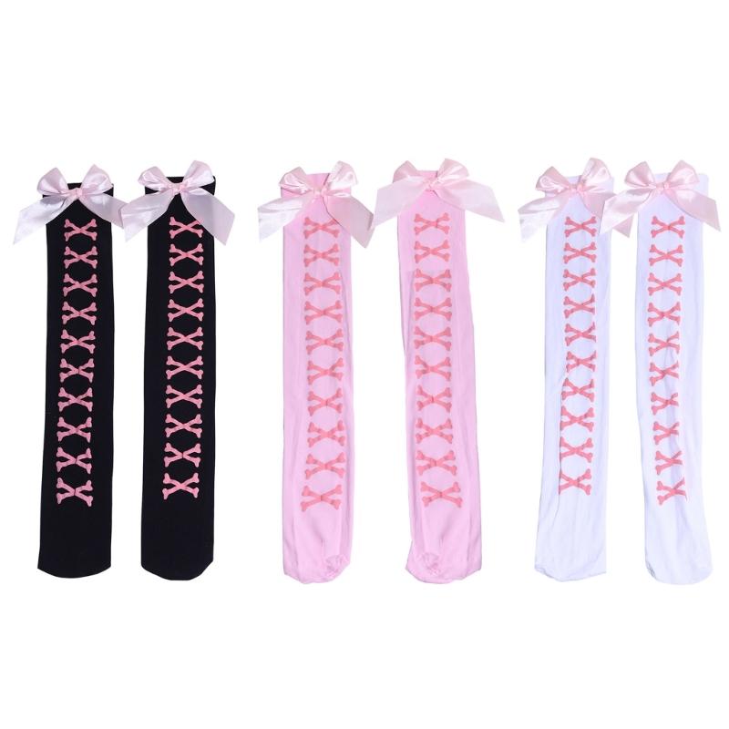 Women Skeleton Print Over Knee Long Socks Sweet Bowknot Thigh High Stockings for Halloween Cosplay Party Costume Hosiery