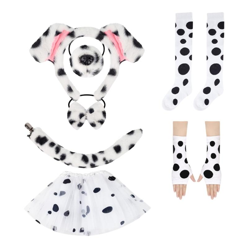 Dog Tail with Dog Ear Headband Nose Tail Skirt Bowtie Halloween Dog Costume for Children Teen Adult Cosplay