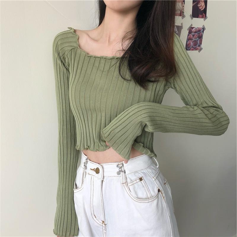 Autumn New Slim Fit Slimming One Shoulder T-shirt for Women Short Knit Sweater, Long Sleeved Top Sweaters