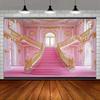 Sfondo 2D Fantasioso di una Villa Rosa con Dettagli Dorati e Scale per Programmi TV, Poster e Decorazione della Stanza
