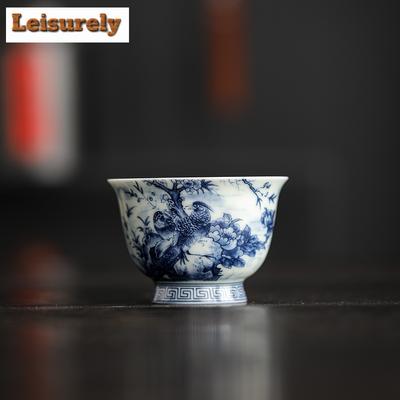 90 ml antike blaue und weiße Teetasse mit Tinte, Blumen- und Vogelmotiv, Meditations-Meistertasse, Verkostungs-Gästetasse, persönliche Teeschale, Kung-Fu-Teeservice