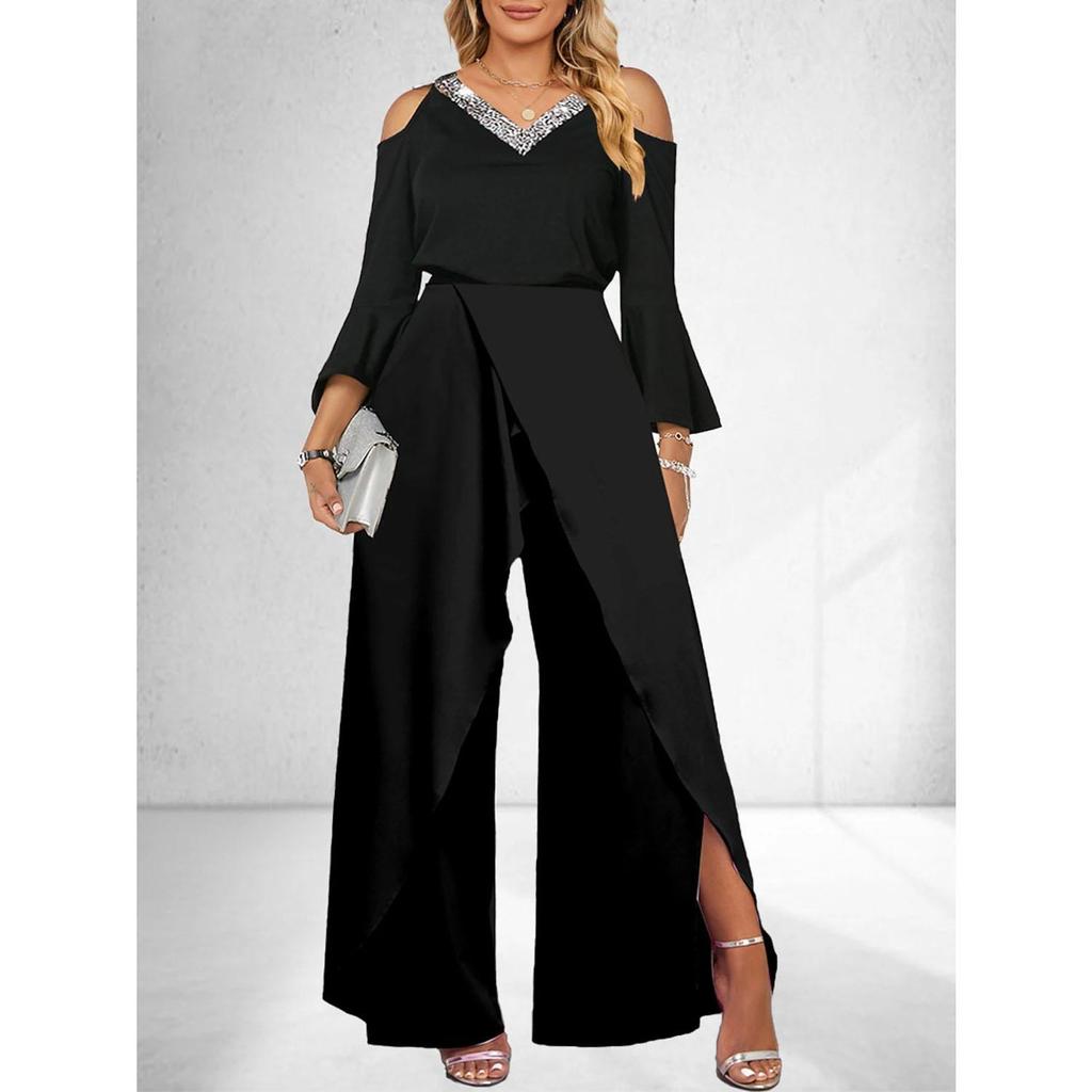 Damen Pailletten Einfarbig V-Ausschnitt Business Elegant Weites Bein Locker Ärmel Glockenärmel Jumpsuit