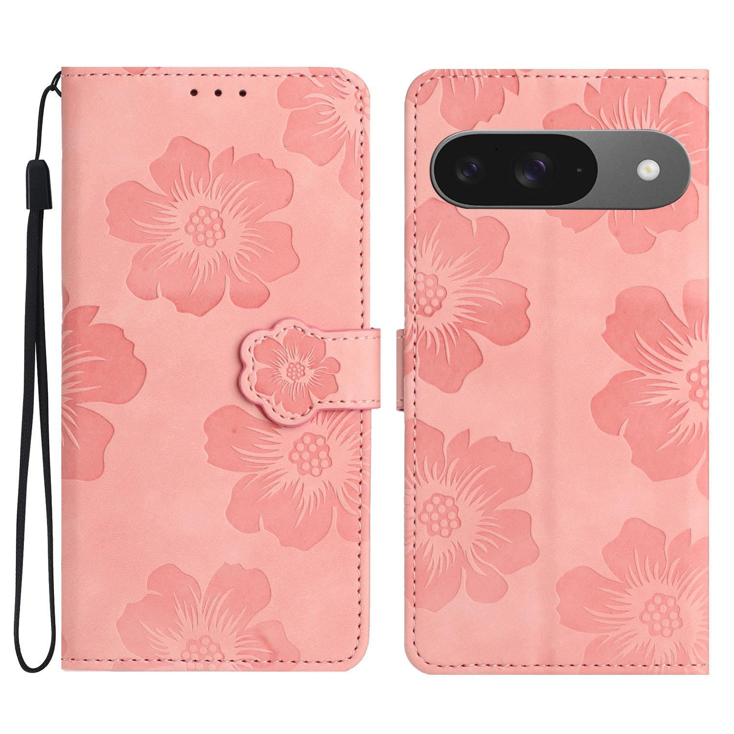 

For Google Pixel 9/Pixel 9 Pro Case Flower Design Leather Wallet Phone Cover with Wrist Strap Pink